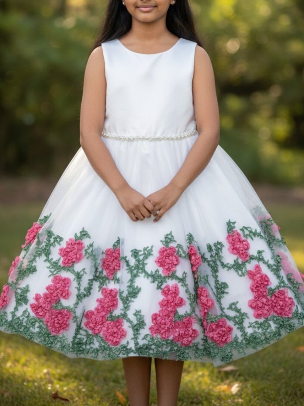 Girls Size 10 White Floral 3D Applique Tulle Dress Special Occasion Flower Girl